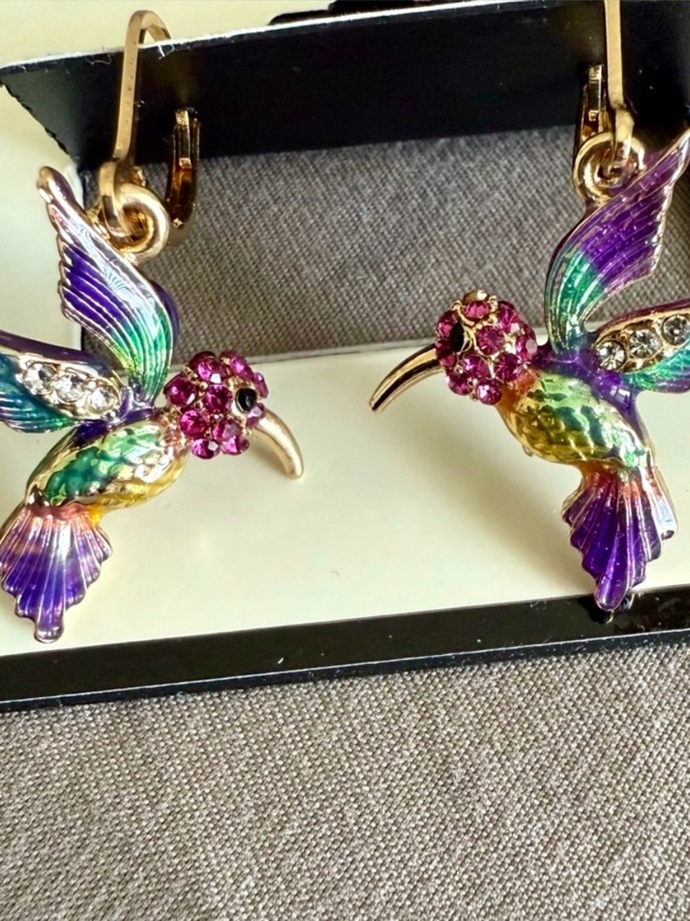 Hummingbird Multicolor Drop Earrings - Vibrant Enamel & Crystal Accent - Picture 3 of 5